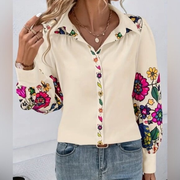 SHEIN Tops - Colorful Cream /Ivory Floral Button Down Shirt Size: S
